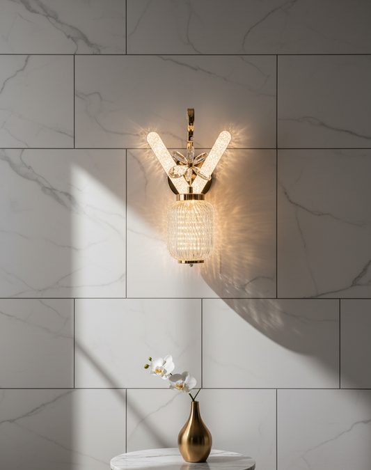 Glam LED Wall Light with Crystal "V" and Ribbed Glass Shade