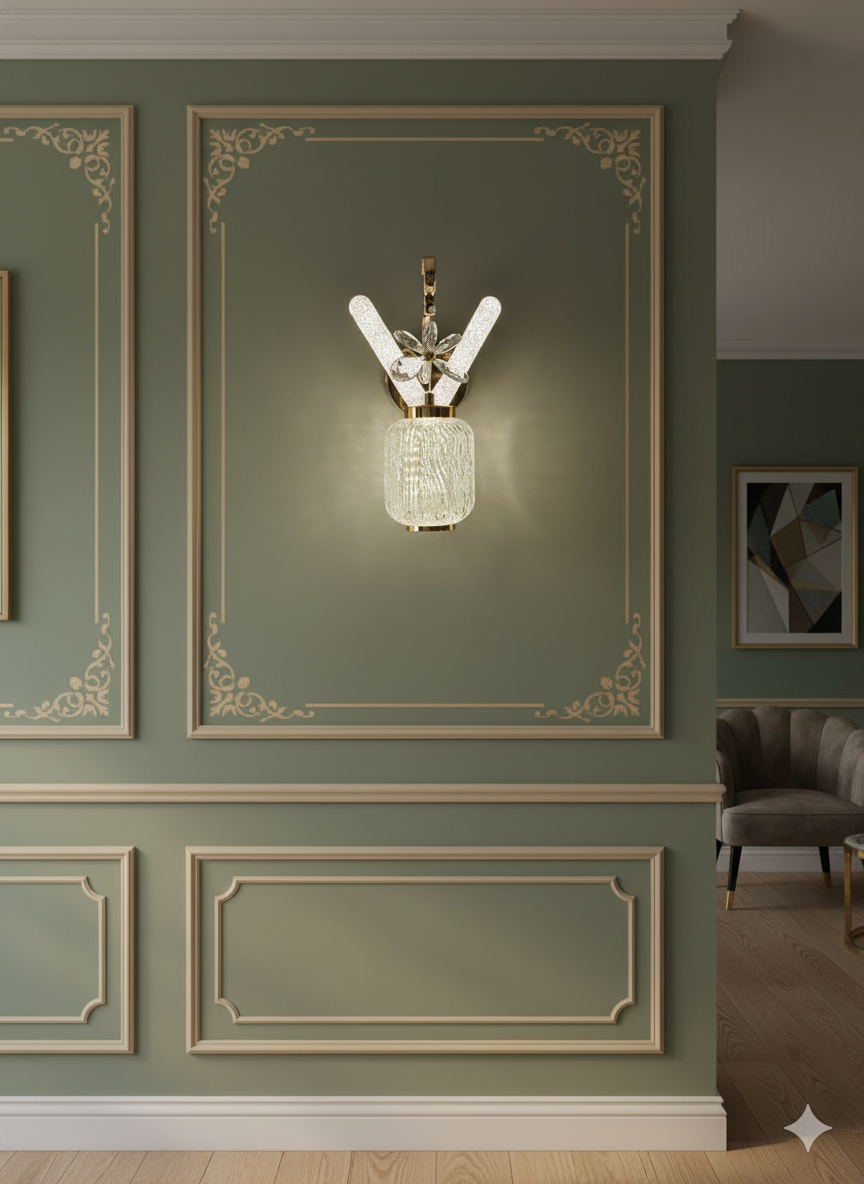 Glam LED Wall Light with Crystal "V" and Ribbed Glass Shade