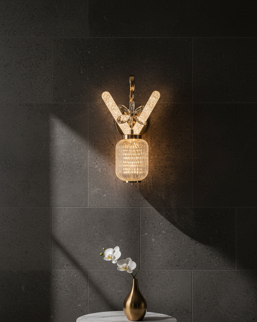 Glam LED Wall Light with Crystal "V" and Ribbed Glass Shade