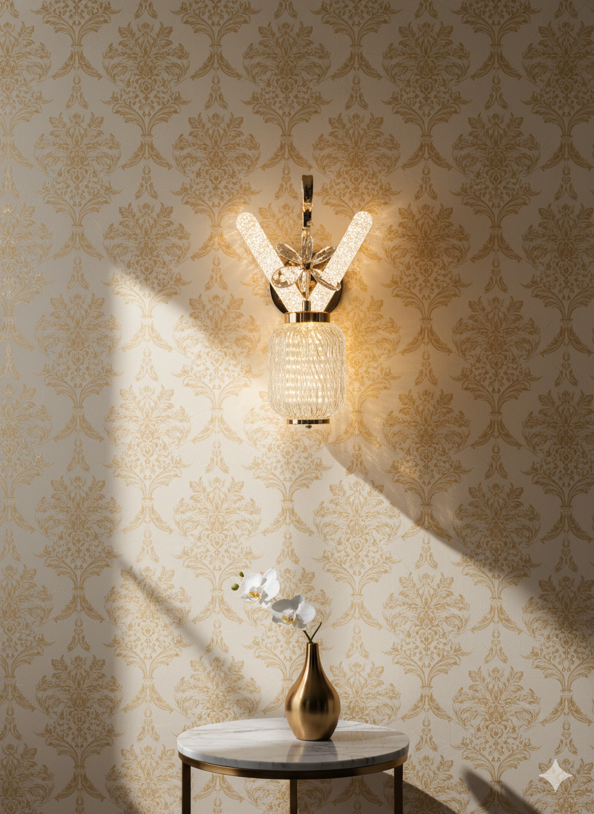 Glam LED Wall Light with Crystal "V" and Ribbed Glass Shade