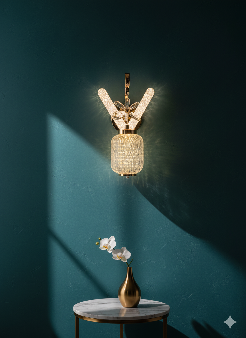 Glam LED Wall Light with Crystal "V" and Ribbed Glass Shade